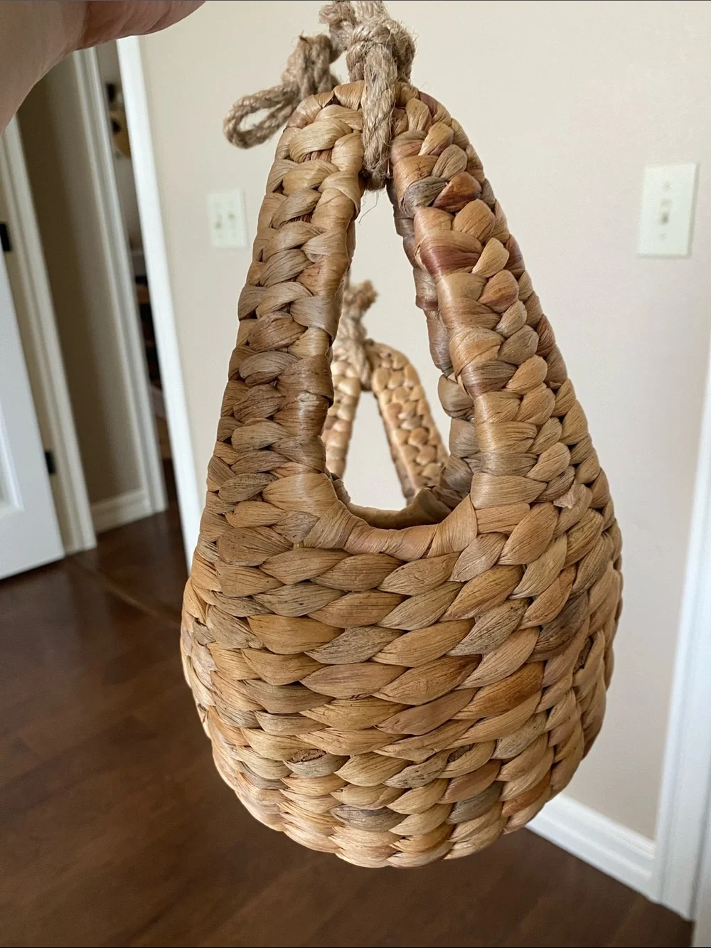 Pottery Barn Kids Brown and White Handwoven Hanging Basket with sloth Detail